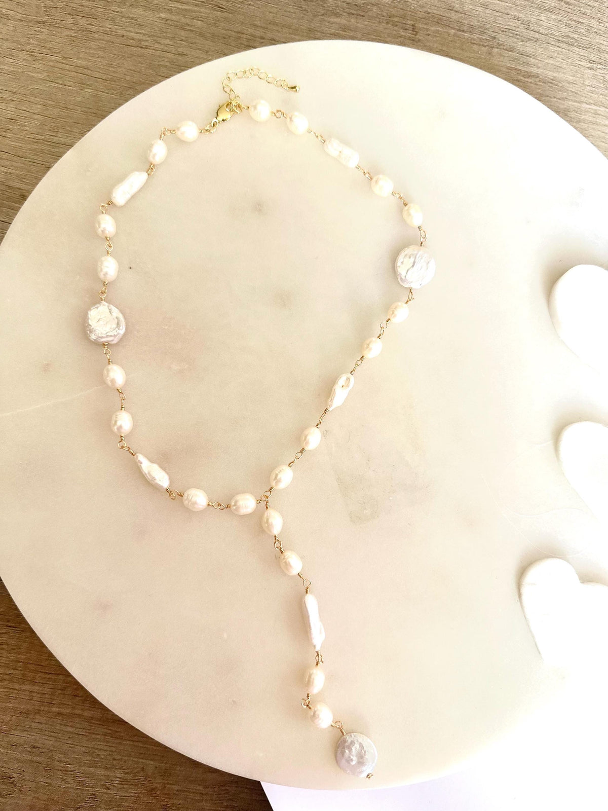 Freshwater Pearl Lariat Necklace • Hand Wire Wrapped Pearl Drop Necklace • Bridal Pearl Jewelry • Baroque & Coin Pearl Necklace • Gift