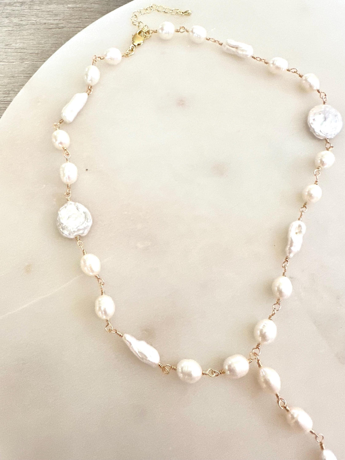 Freshwater Pearl Lariat Necklace • Hand Wire Wrapped Pearl Drop Necklace • Bridal Pearl Jewelry • Baroque & Coin Pearl Necklace • Gift