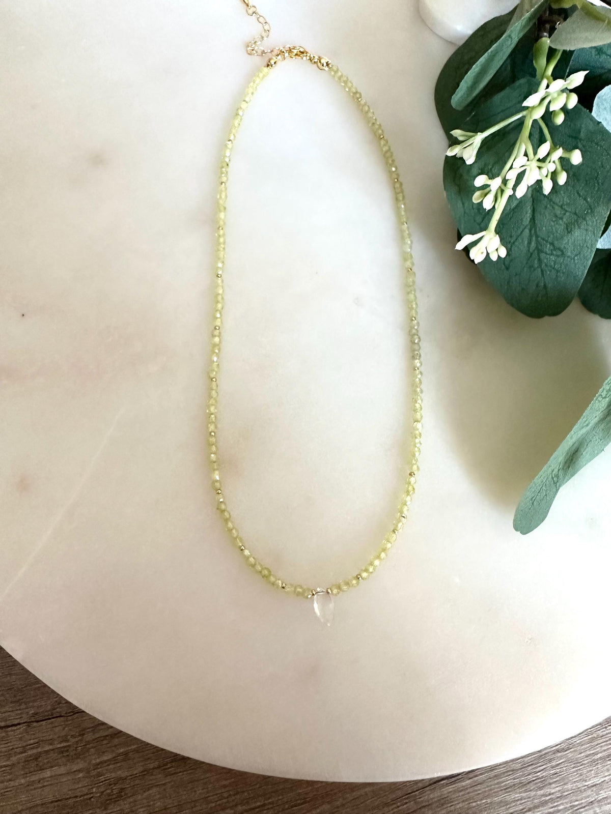Zircon Peridot Necklace with Clear Quartz Drop | 3–4mm Faceted Gemstone Beaded Necklace | Gold-Filled Layering Jewelry | Handmade Gift