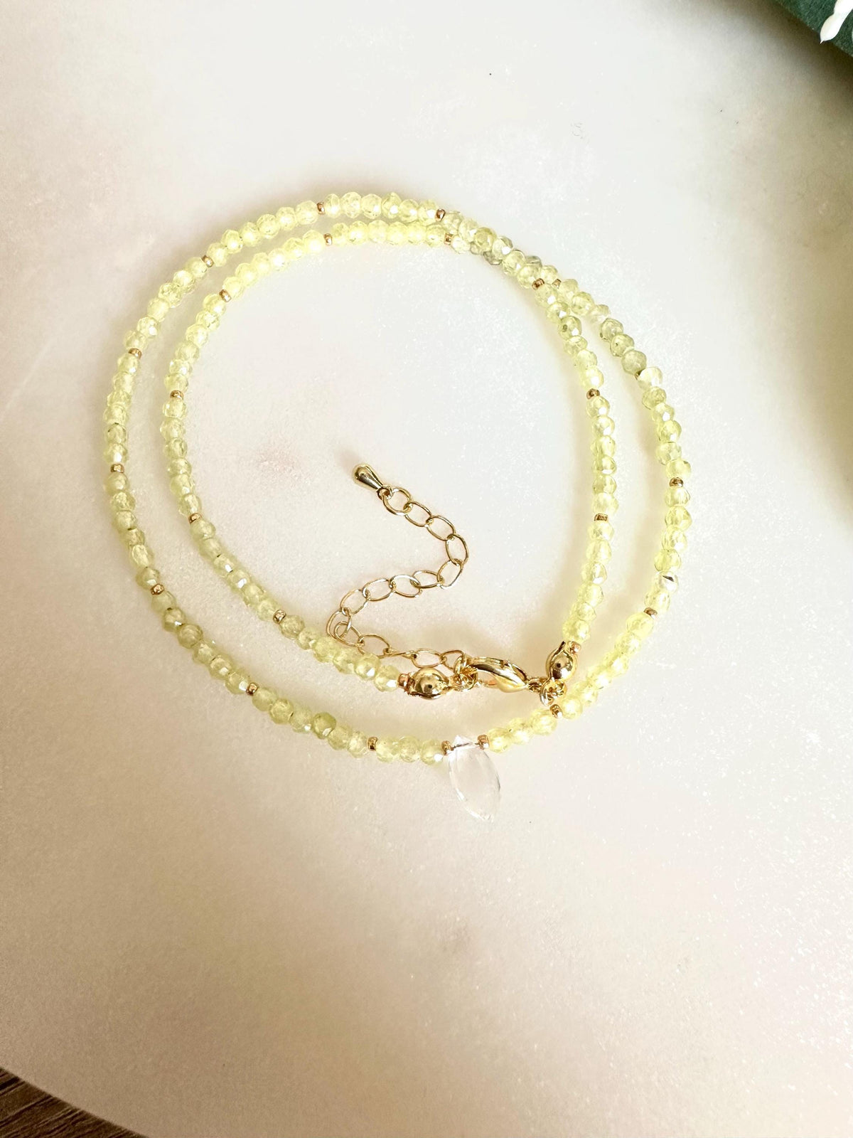 Zircon Peridot Necklace with Clear Quartz Drop | 3–4mm Faceted Gemstone Beaded Necklace | Gold-Filled Layering Jewelry | Handmade Gift