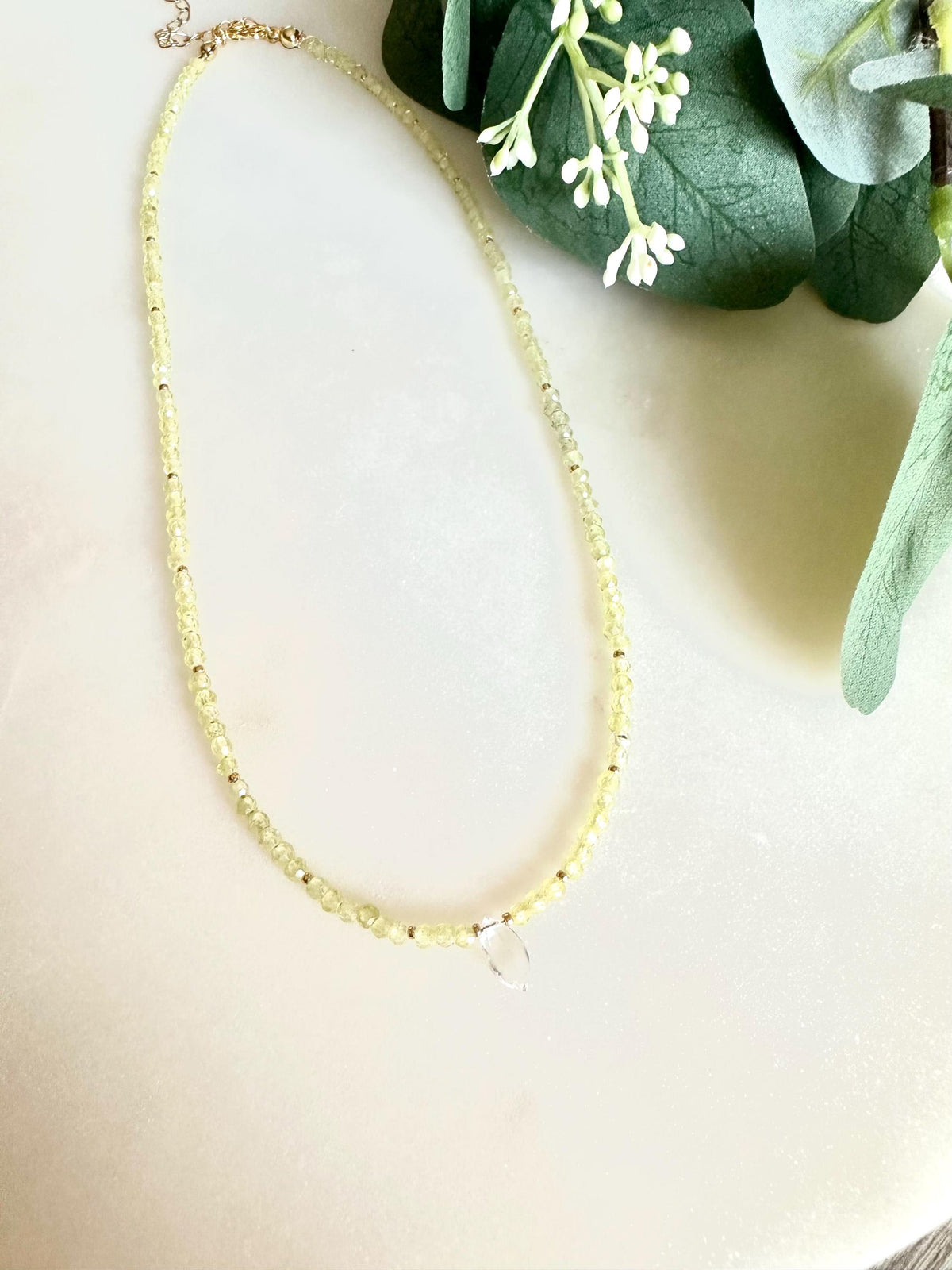Zircon Peridot Necklace with Clear Quartz Drop | 3–4mm Faceted Gemstone Beaded Necklace | Gold-Filled Layering Jewelry | Handmade Gift