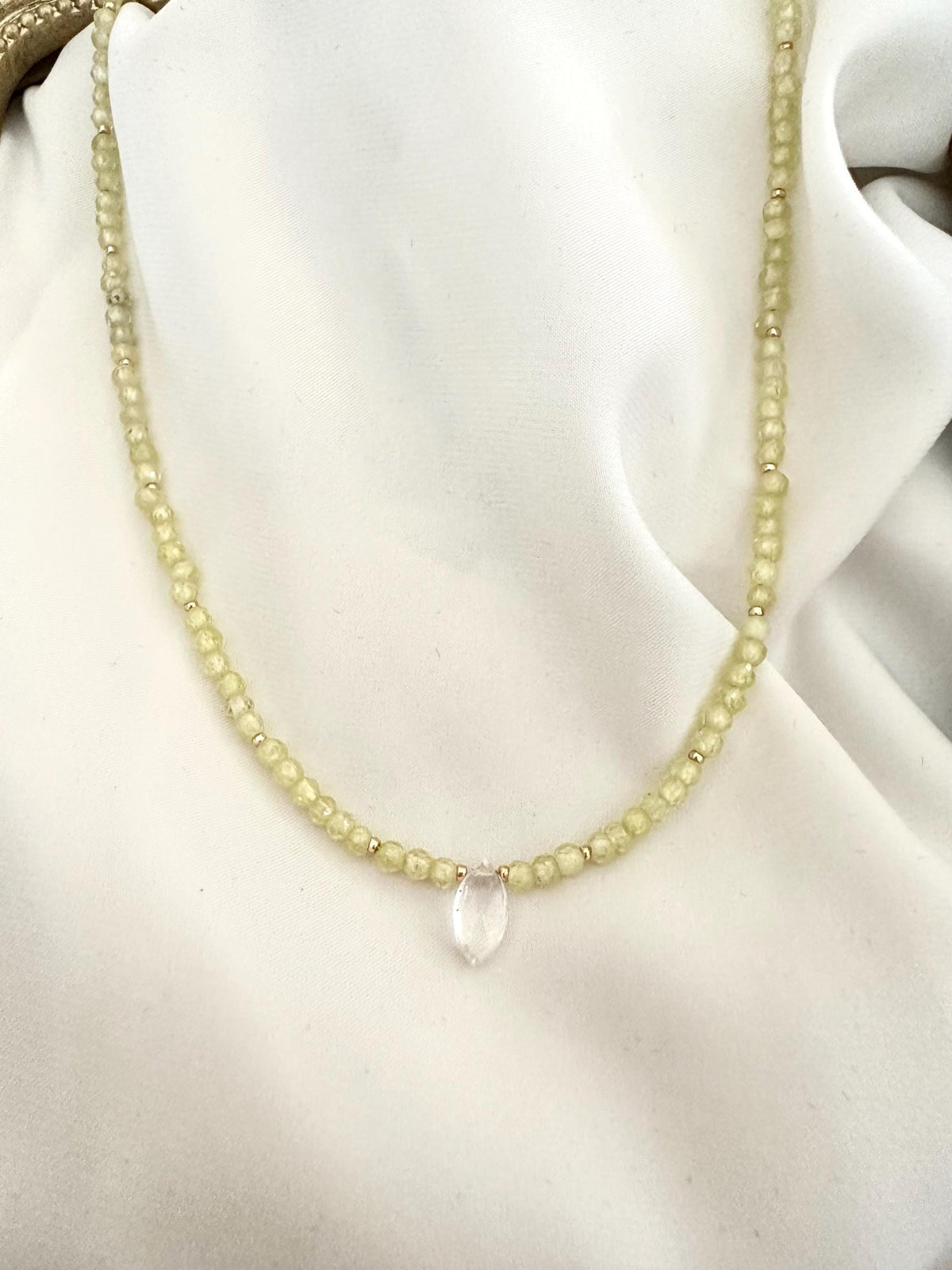 Zircon Peridot Necklace with Clear Quartz Drop | 3–4mm Faceted Gemstone Beaded Necklace | Gold-Filled Layering Jewelry | Handmade Gift