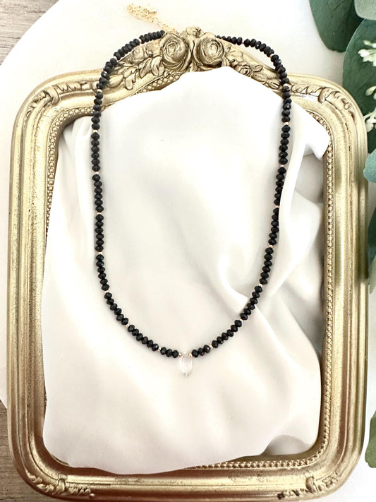 Black Tourmaline Necklace with Clear Quartz Drop | 3mm Faceted Gemstone Layering Necklace | Minimalist Handmade Jewelry | Gift for Her