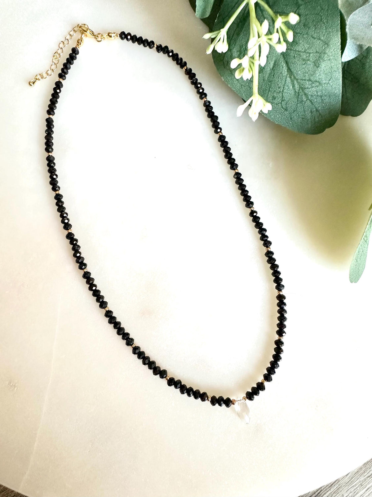 Black Tourmaline Necklace with Clear Quartz Drop | 3mm Faceted Gemstone Layering Necklace | Minimalist Handmade Jewelry | Gift for Her