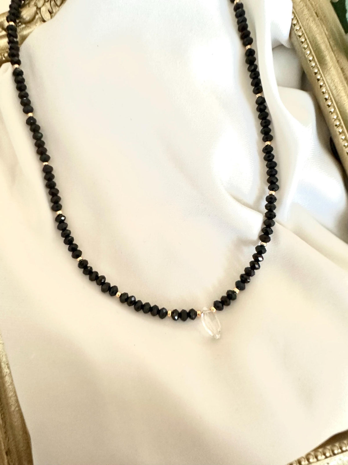 Black Tourmaline Necklace with Clear Quartz Drop | 3mm Faceted Gemstone Layering Necklace | Minimalist Handmade Jewelry | Gift for Her