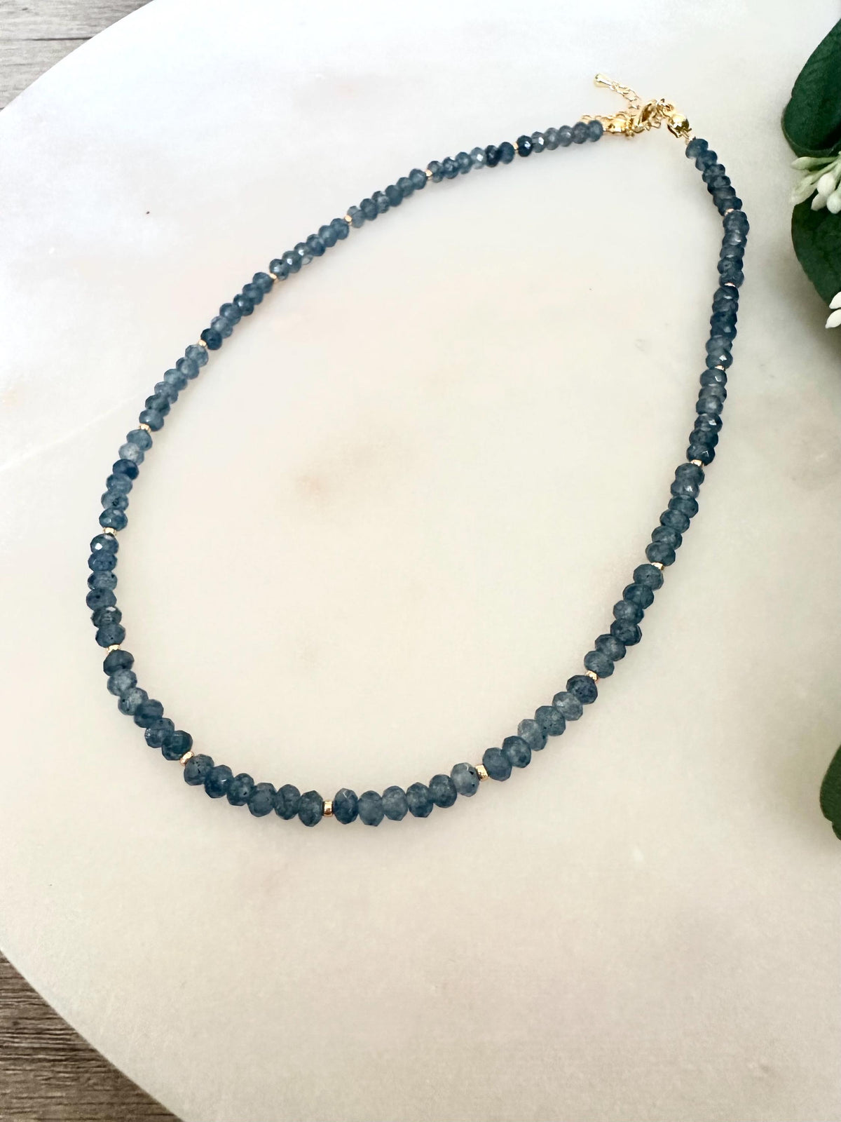 Denim Blue Jade Necklace | 3x4mm Faceted Gemstone Beaded Necklace | Handmade Gold Layering Jewelry | Minimalist Gift for Her