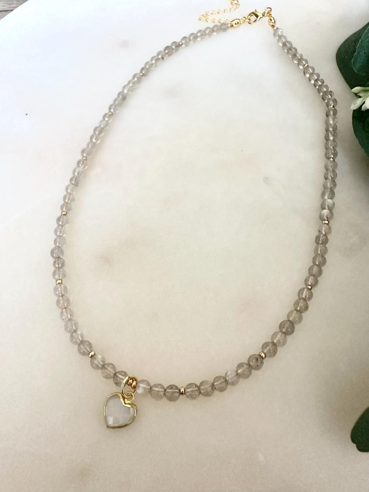 Labradorite Necklace with Moonstone Heart Pendant | 4mm Round Faceted Gemstone Necklace | Gold-Filled Layering Jewelry | Handmade Gift