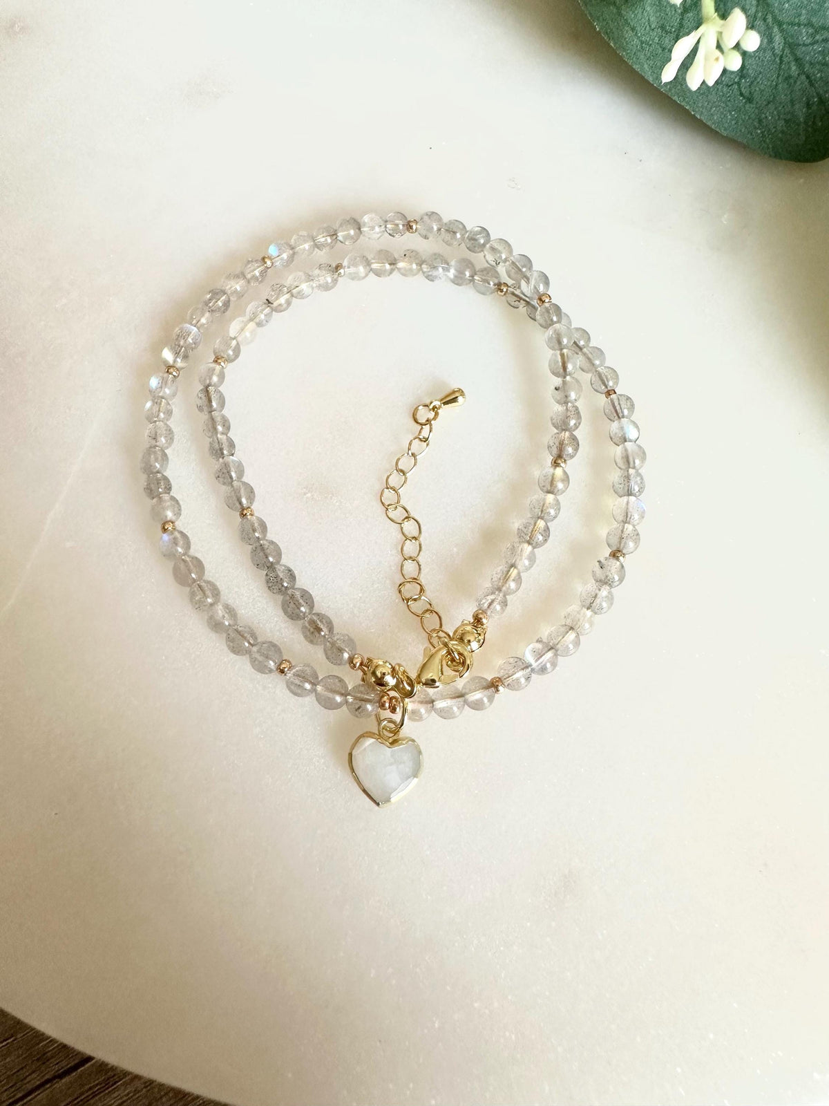 Labradorite Necklace with Moonstone Heart Pendant | 4mm Round Faceted Gemstone Necklace | Gold-Filled Layering Jewelry | Handmade Gift