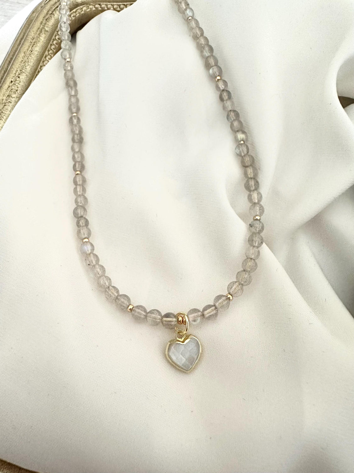 Labradorite Necklace with Moonstone Heart Pendant | 4mm Round Faceted Gemstone Necklace | Gold-Filled Layering Jewelry | Handmade Gift