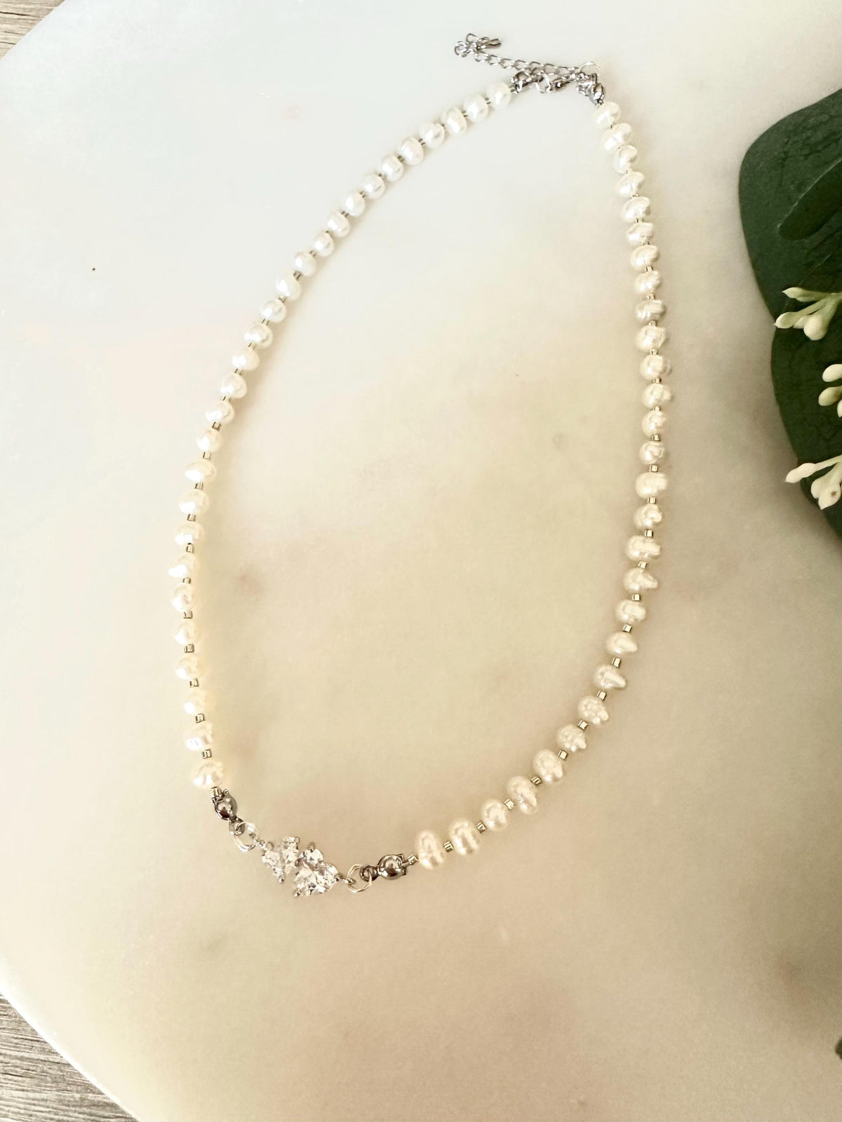 Freshwater Pearl Necklace with Double Heart Connector | 5–6mm Potato Pearls | Romantic Bridal Jewelry | Handmade Gift for Her