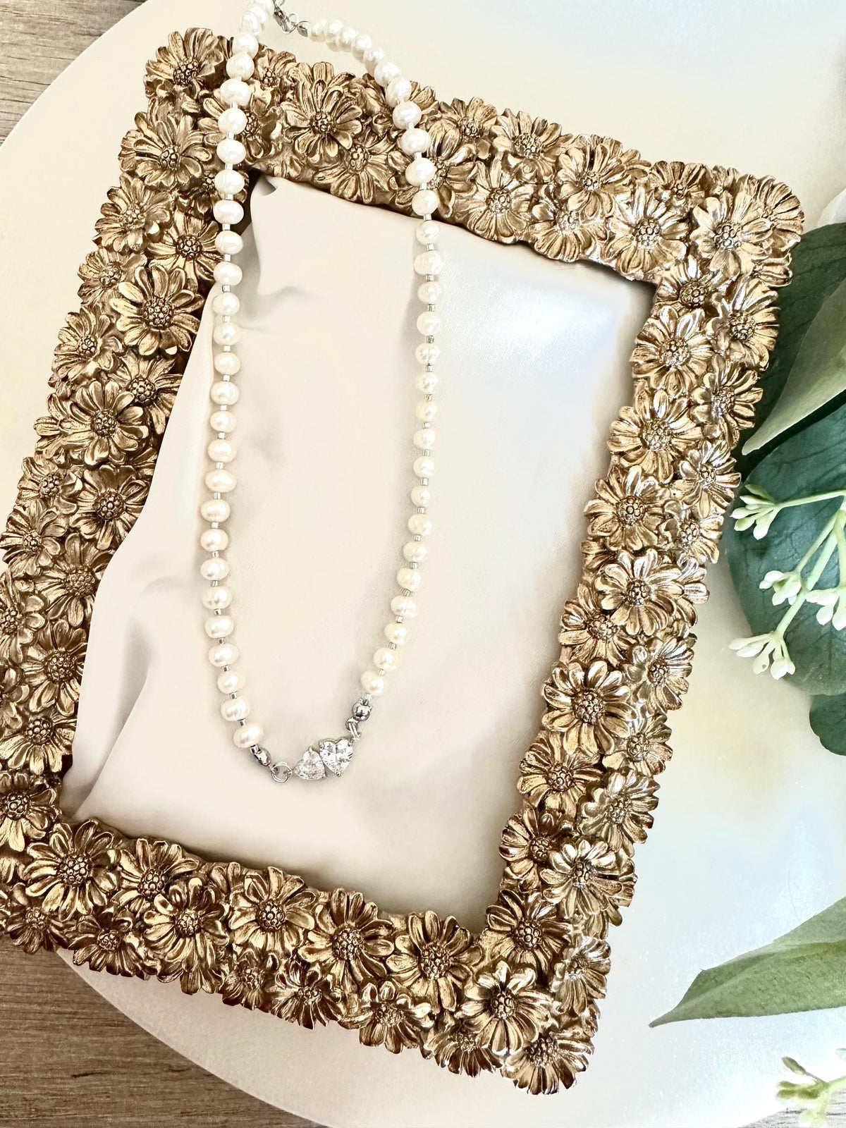 Freshwater Pearl Necklace with Double Heart Connector | 5–6mm Potato Pearls | Romantic Bridal Jewelry | Handmade Gift for Her