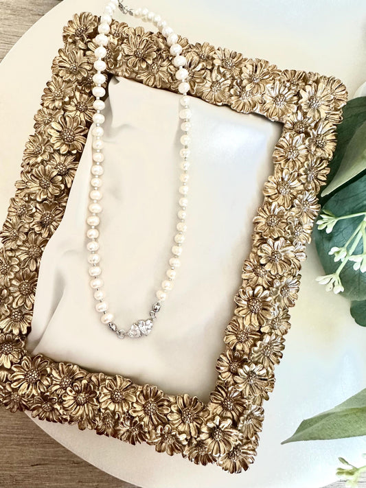Freshwater Pearl Necklace with Double Heart Connector | 5–6mm Potato Pearls | Romantic Bridal Jewelry | Handmade Gift for Her