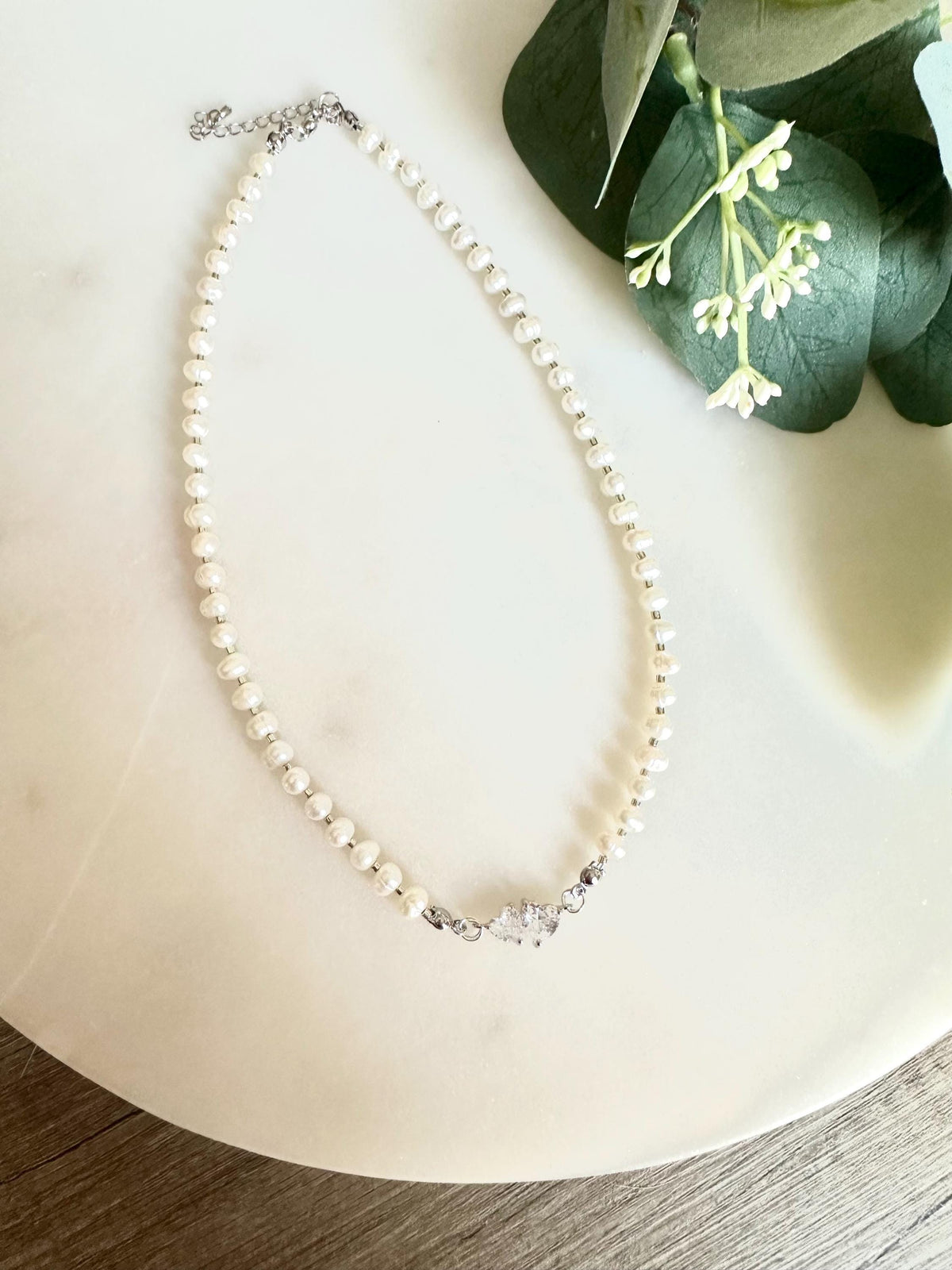 Freshwater Pearl Necklace with Double Heart Connector | 5–6mm Potato Pearls | Romantic Bridal Jewelry | Handmade Gift for Her