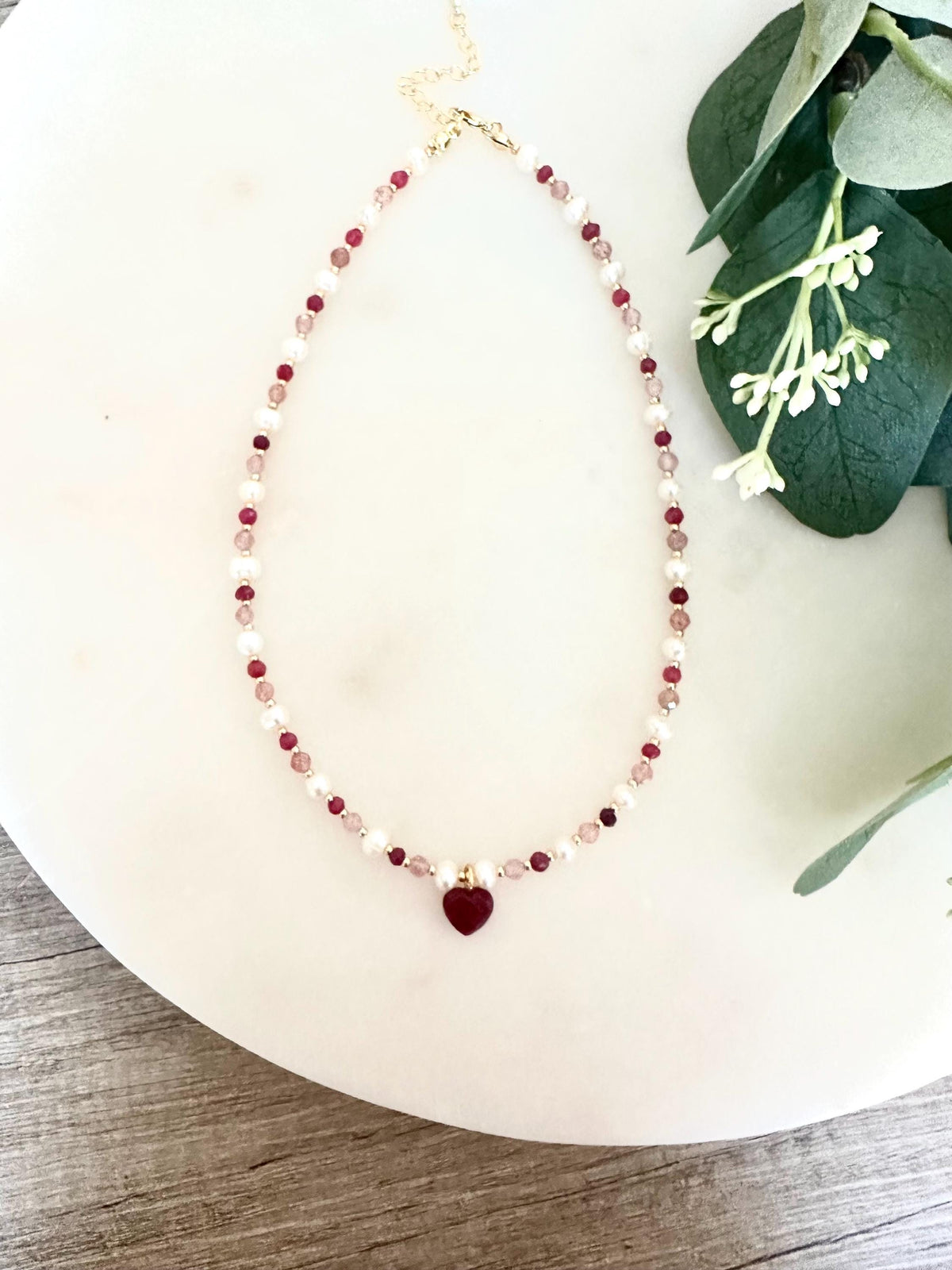 Strawberry Quartz, Ruby & Pearl Necklace with Ruby Heart Pendant | Romantic Gemstone Necklace | Handmade Gold-Filled Jewelry | Gift for Her