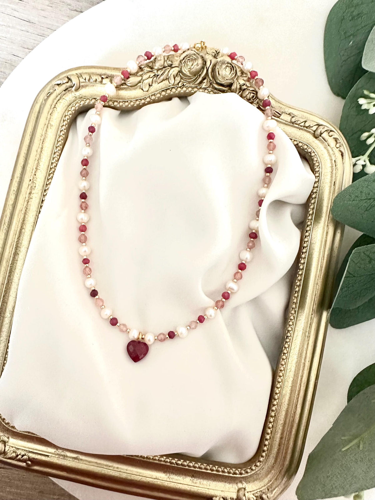 Strawberry Quartz, Ruby & Pearl Necklace with Ruby Heart Pendant | Romantic Gemstone Necklace | Handmade Gold-Filled Jewelry | Gift for Her