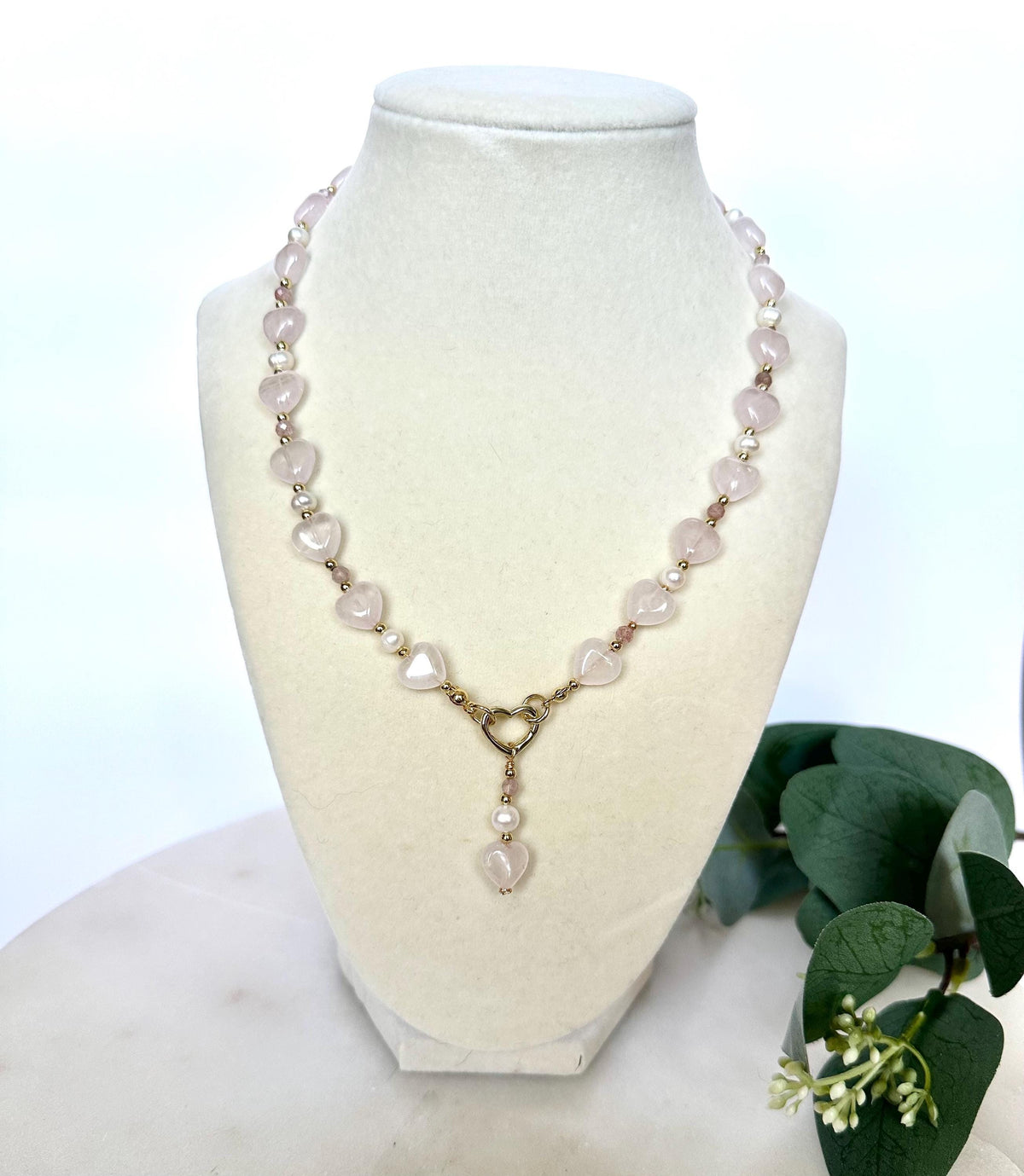 Rose Quartz Heart Necklace with Freshwater Pearls & Strawberry Quartz | Gold Heart Clasp | Romantic Handmade Jewelry | Gift for Her