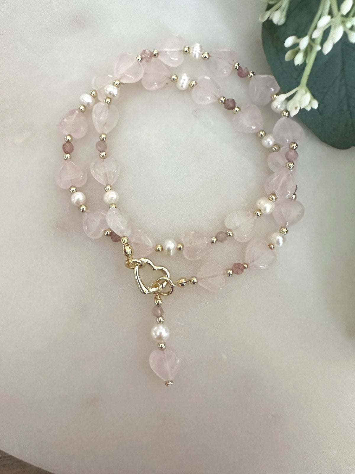 Rose Quartz Heart Necklace with Freshwater Pearls & Strawberry Quartz | Gold Heart Clasp | Romantic Handmade Jewelry | Gift for Her