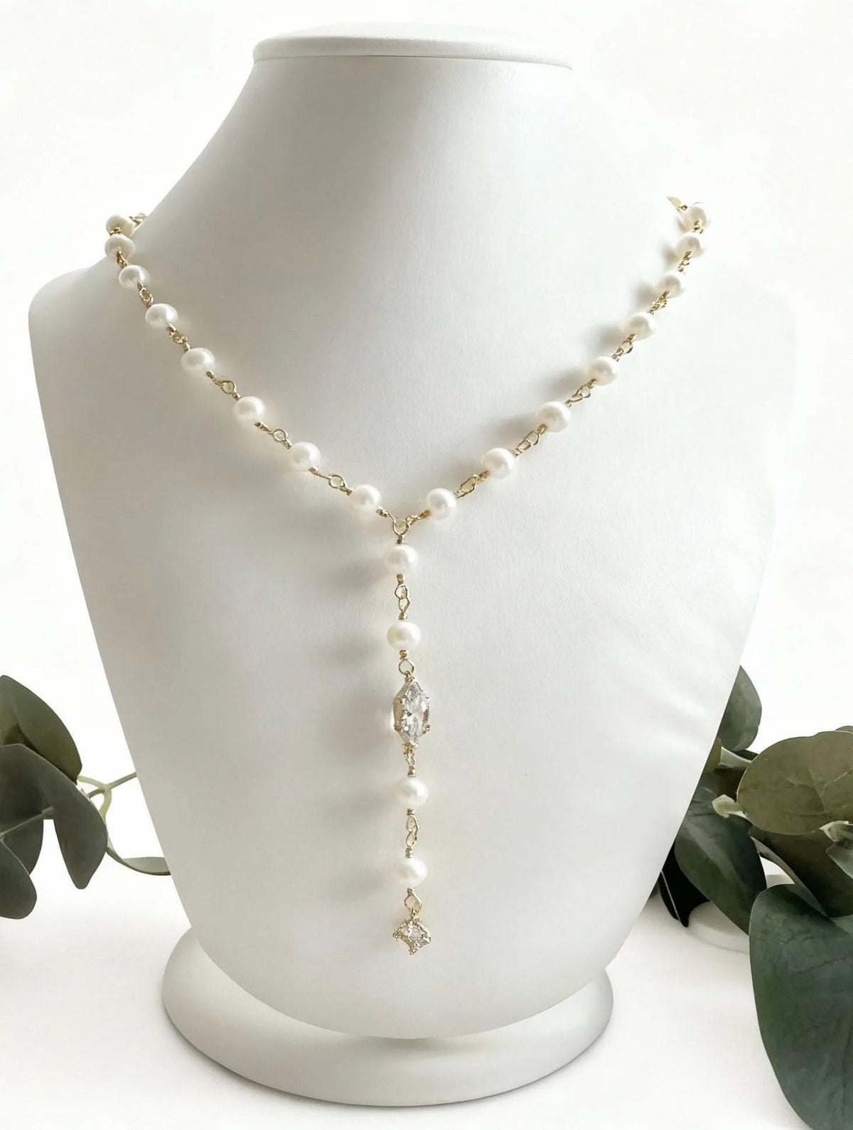 Freshwater Pearl Necklace with CZ Marquis & Drop Charm | Hand-Wrapped Gold Y Necklace | Bridal Jewelry | Elegant Gift for Her