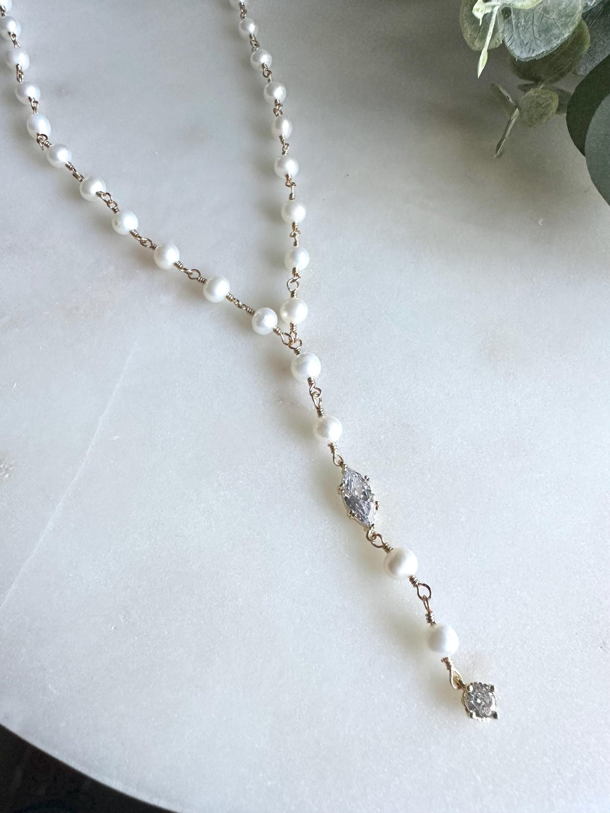 Freshwater Pearl Necklace with CZ Marquis & Drop Charm | Hand-Wrapped Gold Y Necklace | Bridal Jewelry | Elegant Gift for Her