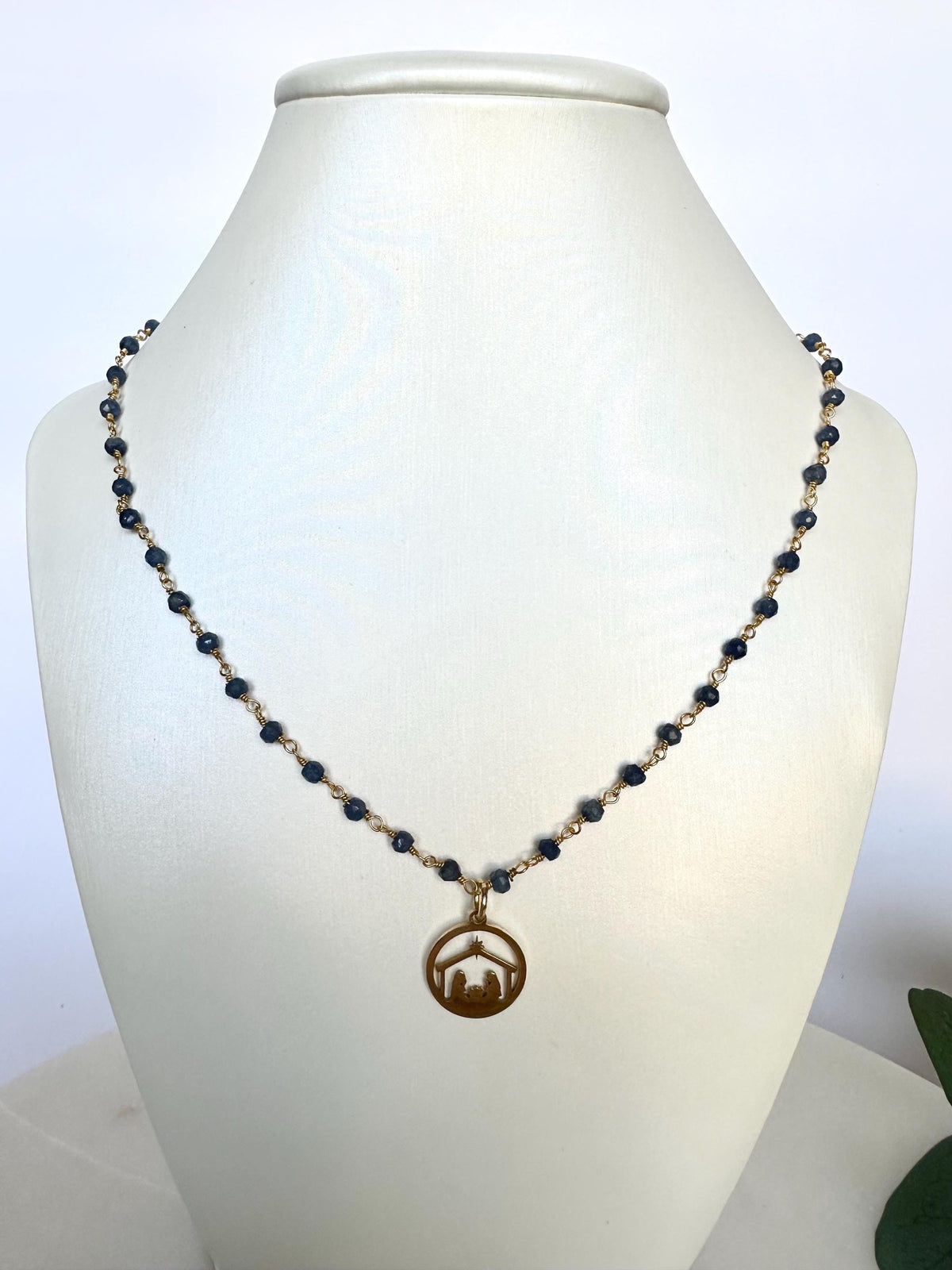 Blue Sapphire Nativity Necklace: Gold Plated Religious Jewelry
