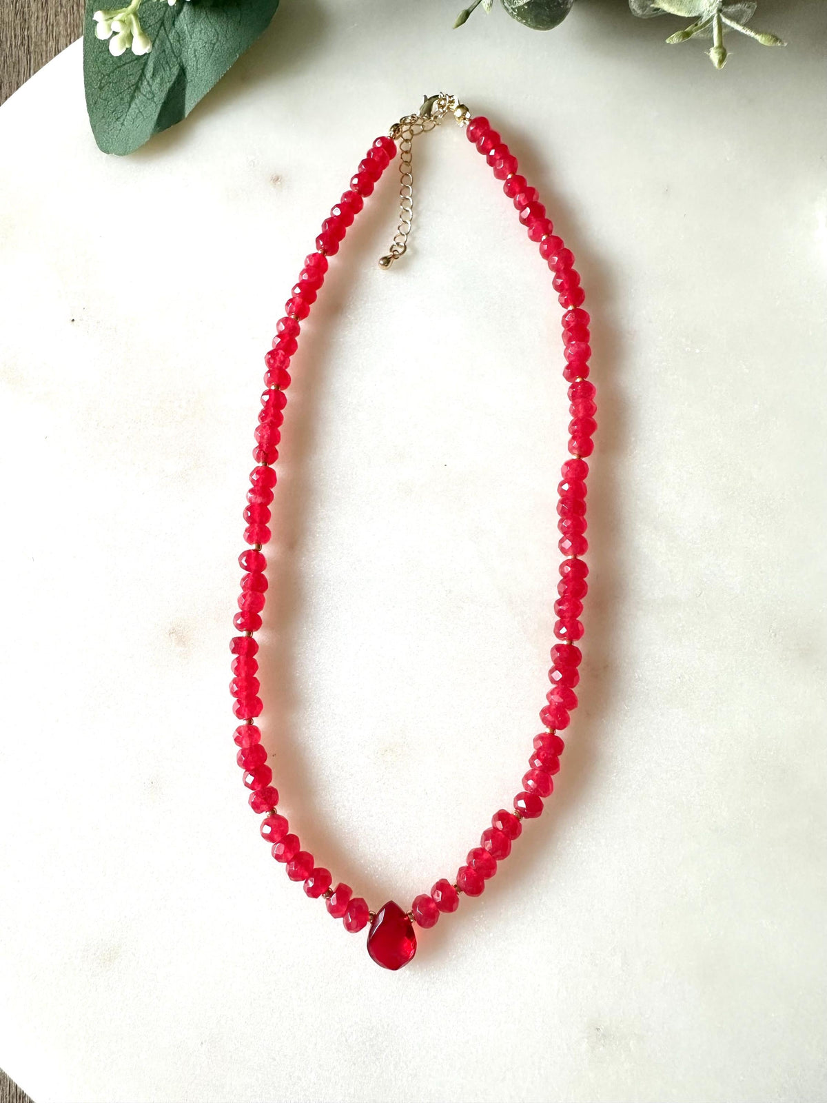 Red Jade Beaded Drop Necklace -Gift-Wedding-Bridesmaids