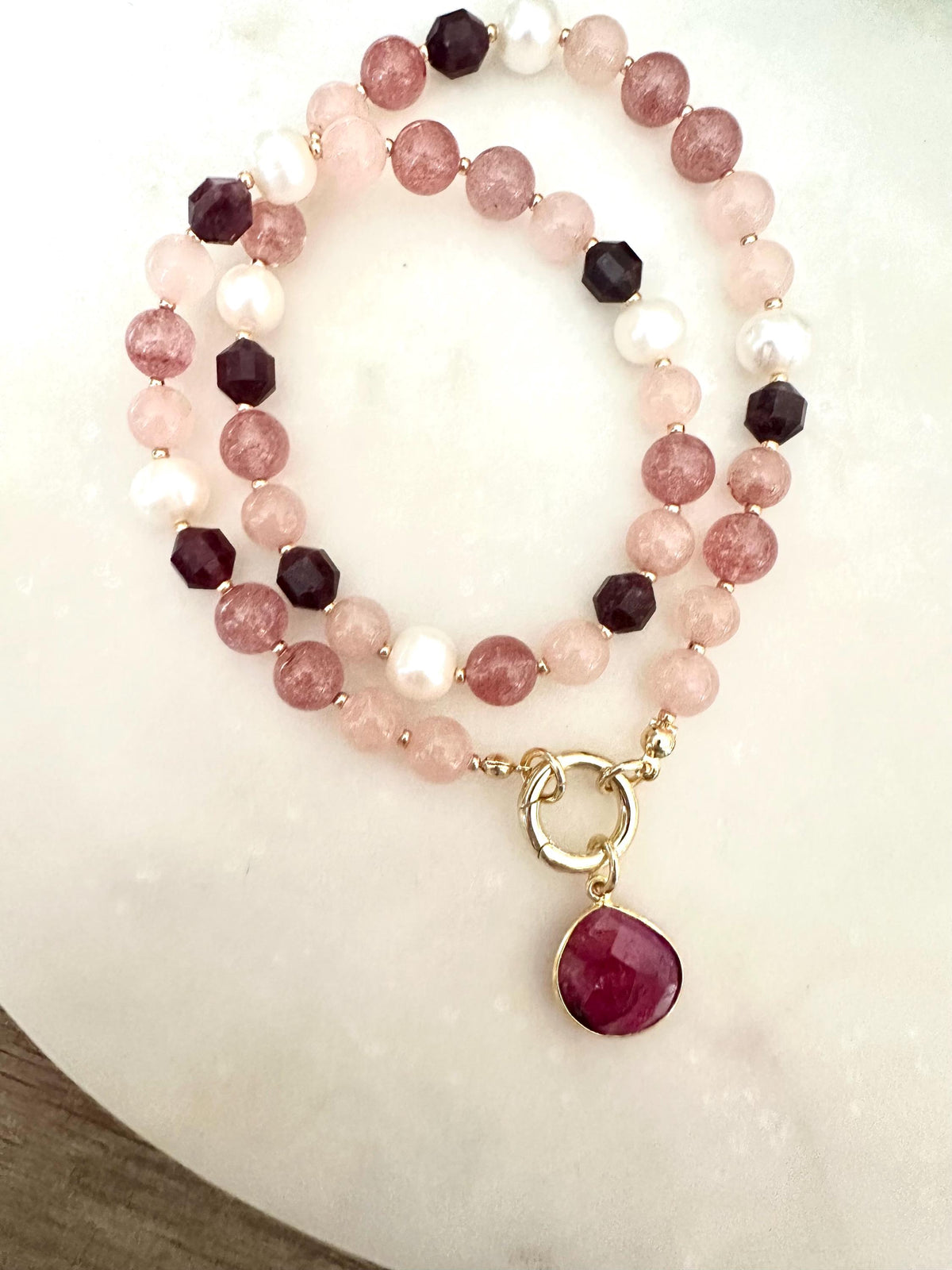 Garnet, Strawberry Quartz & Pearl Necklace – Ruby Drop Pendant