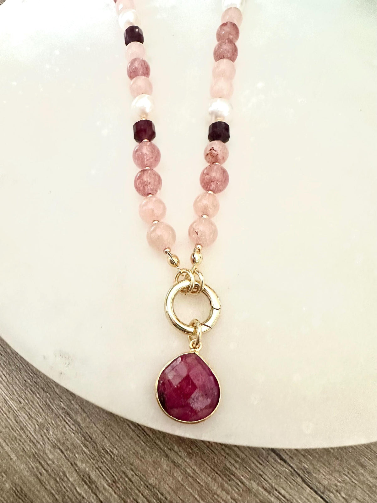 Garnet, Strawberry Quartz & Pearl Necklace – Ruby Drop Pendant