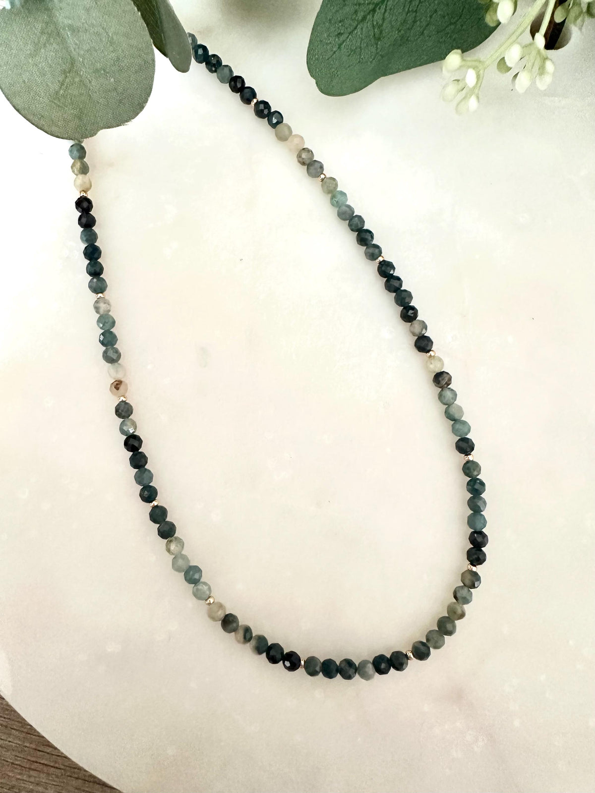Natural Blue Tourmaline 3mm Beaded Necklace – Dainty Ombre Gemstone Strand