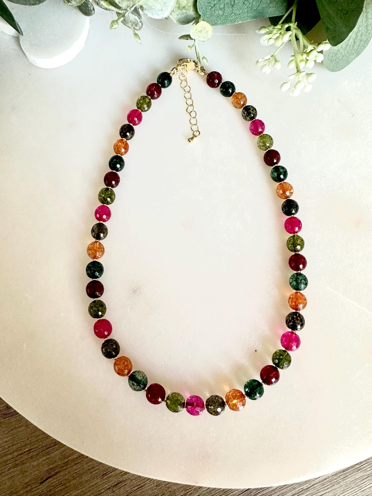 Watermelon Tourmaline Quartz Necklace 8mm • Colorful Gemstone Beaded Necklace • Jewelry • Gold Filled Clasp • Layering Necklace Gift for Her