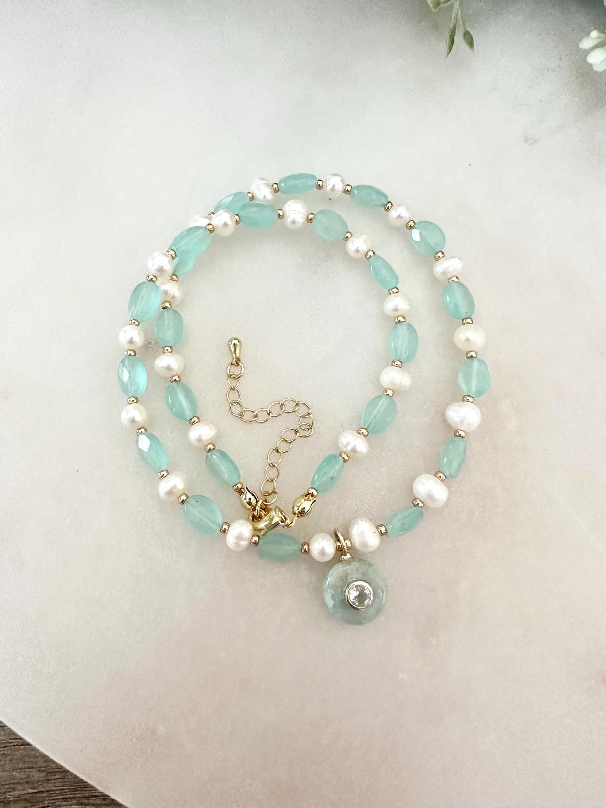 Aqua Green Chalcedony & Freshwater Pearl Necklace • Aquamarine Pendant • Gemstone Beaded Necklace • Gold Filled • Gift for Her