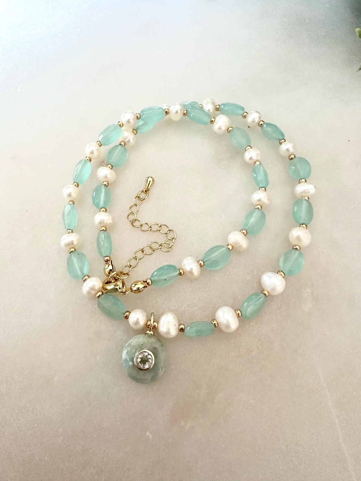 Aqua Green Chalcedony & Freshwater Pearl Necklace • Aquamarine Pendant • Gemstone Beaded Necklace • Gold Filled • Gift for Her