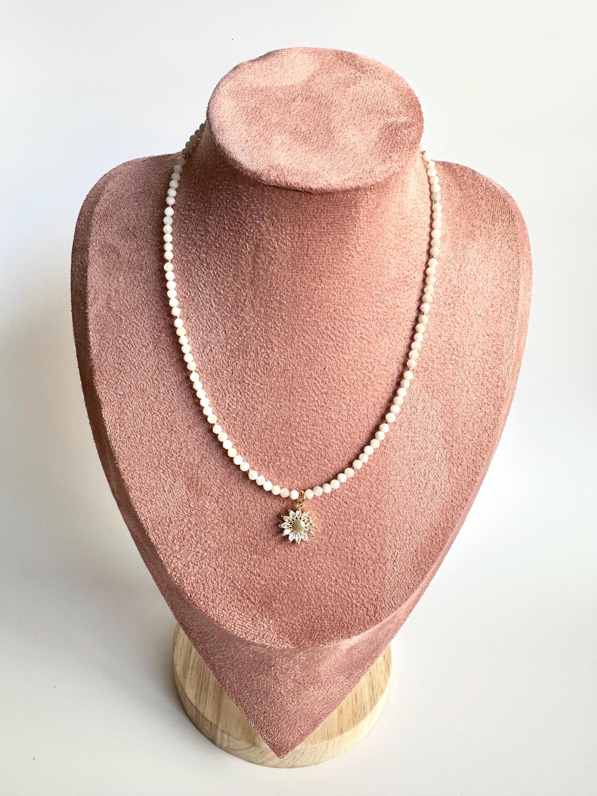 White Moonstone Necklace 4mm • Sunflower CZ Charm • Dainty Gemstone Beaded Necklace • Gold Filled • Layering Jewelry Gift for Her