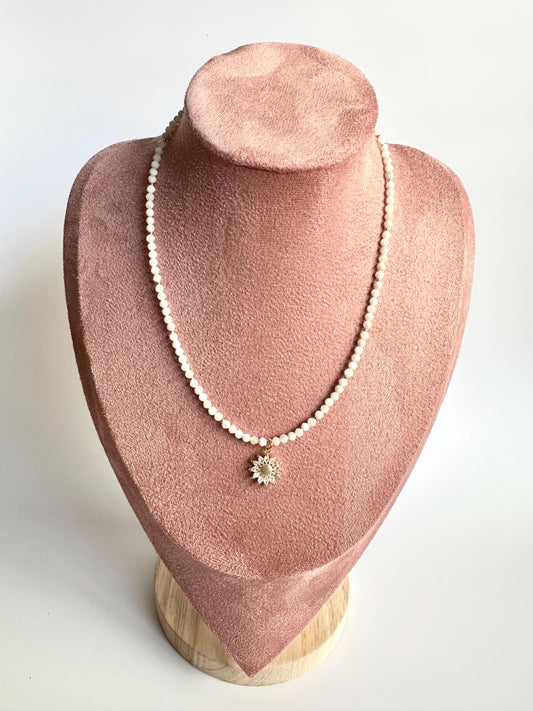 White Moonstone Necklace 4mm • Sunflower CZ Charm • Dainty Gemstone Beaded Necklace • Gold Filled • Layering Jewelry Gift for Her