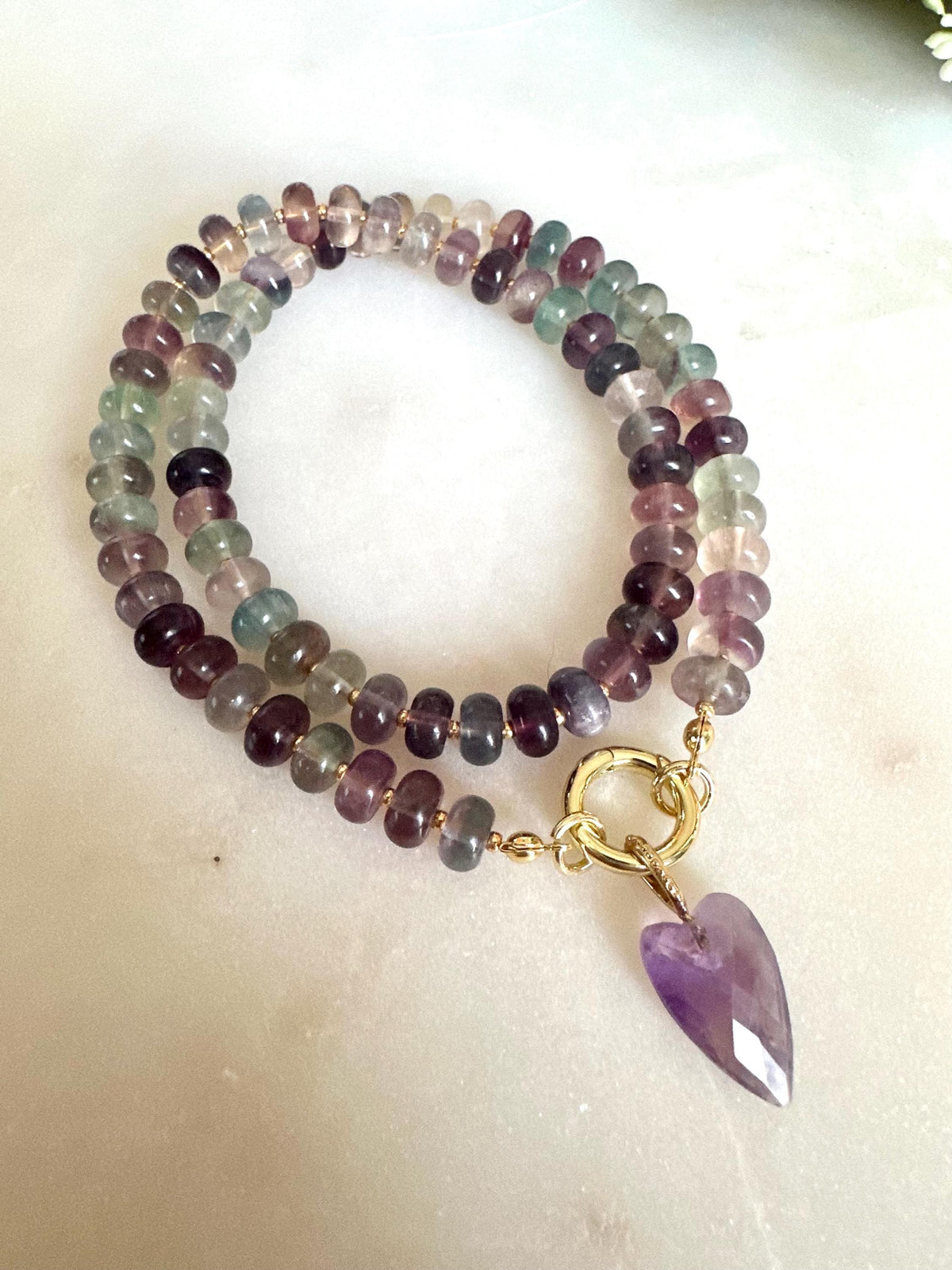 Fluorite Beaded Necklace • Amethyst Heart Pendant • 8x5mm Gemstone Necklace • Purple Green Crystal Necklace • Handmade Gift for Her
