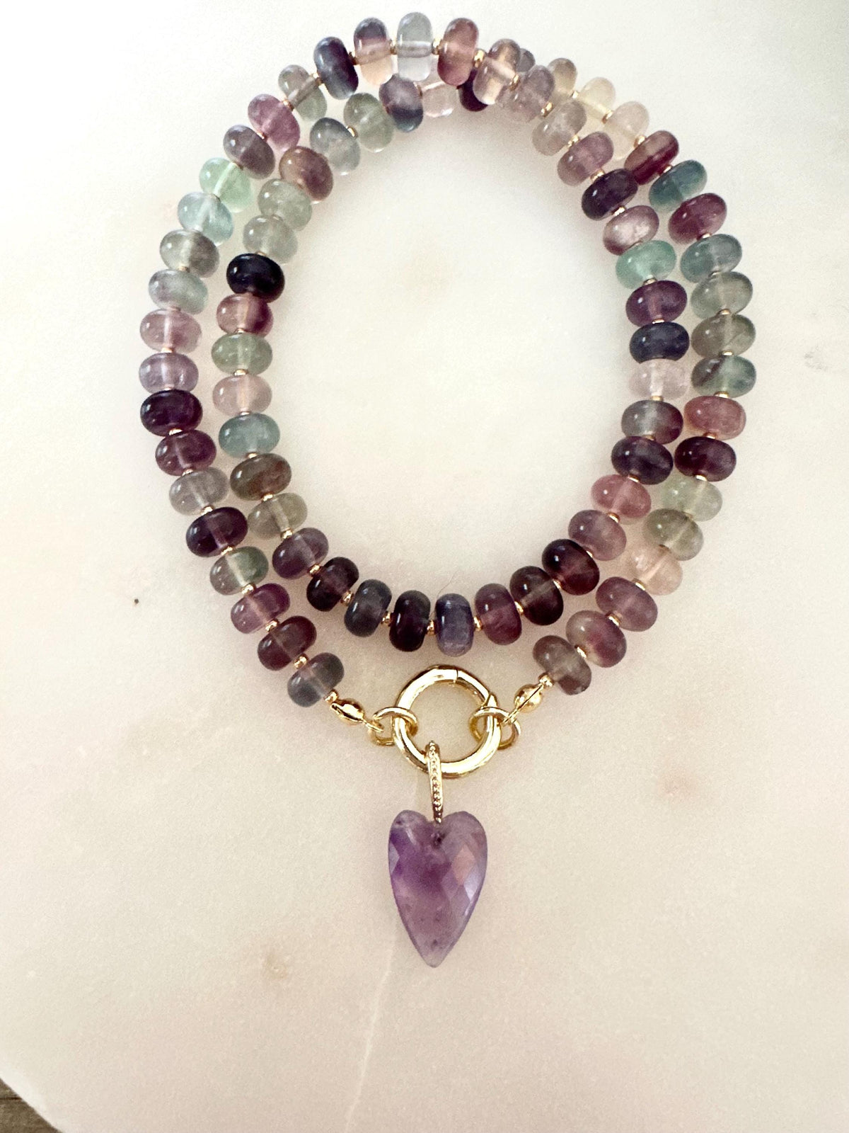 Fluorite Beaded Necklace • Amethyst Heart Pendant • 8x5mm Gemstone Necklace • Purple Green Crystal Necklace • Handmade Gift for Her