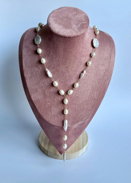 Freshwater Pearl Lariat Necklace • Hand Wire Wrapped Pearl Drop Necklace • Bridal Pearl Jewelry • Baroque & Coin Pearl Necklace • Gift