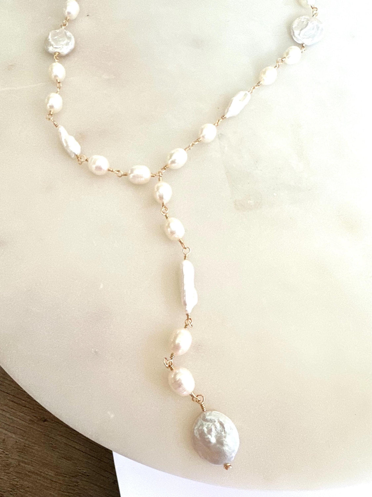Freshwater Pearl Lariat Necklace • Hand Wire Wrapped Pearl Drop Necklace • Bridal Pearl Jewelry • Baroque & Coin Pearl Necklace • Gift