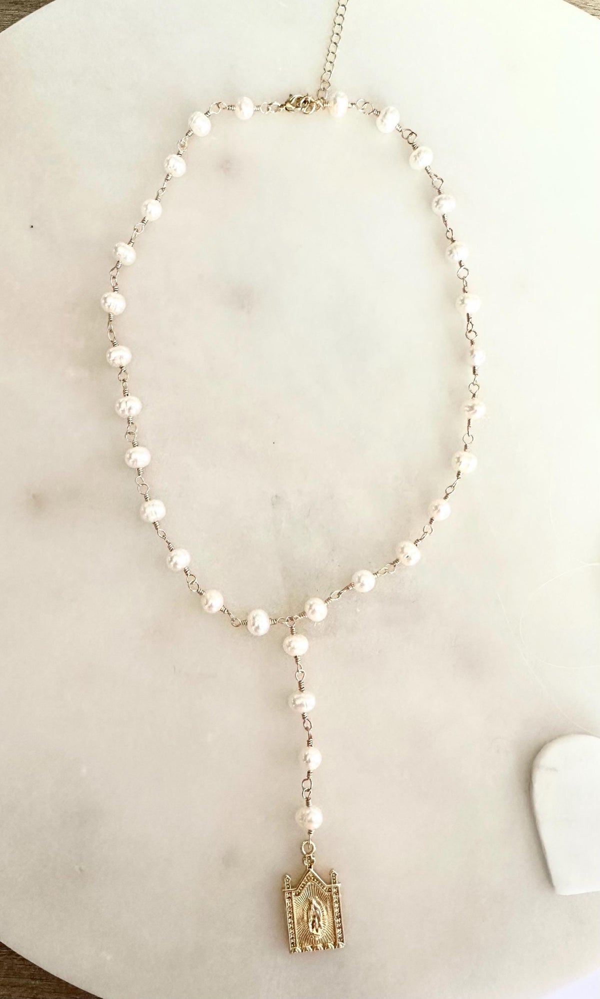 Freshwater Pearl Lariat Necklace • Virgen Mary Pendant Necklace • Hand Wire Wrapped Rosary Style Necklace • Religious Gift for Her