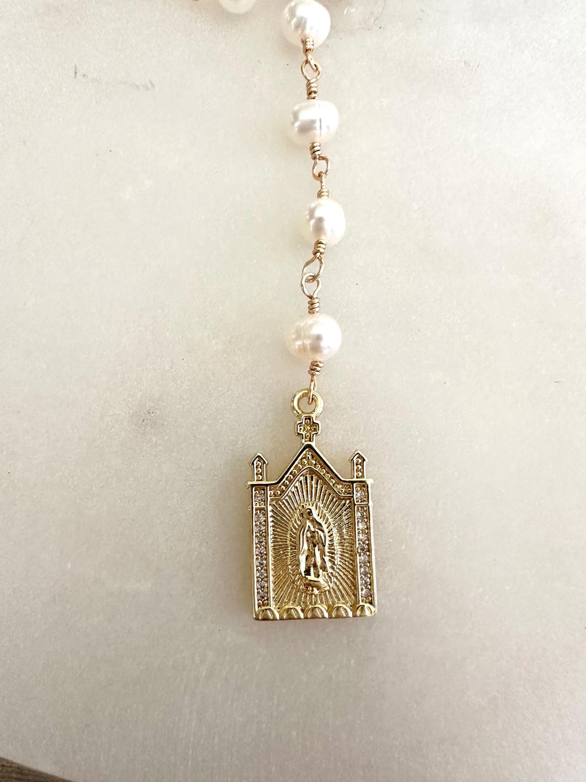 Freshwater Pearl Lariat Necklace • Virgen Mary Pendant Necklace • Hand Wire Wrapped Rosary Style Necklace • Religious Gift for Her
