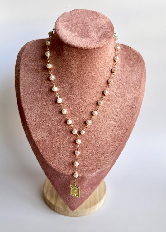 Freshwater Pearl Lariat Necklace • Virgen Mary Pendant Necklace • Hand Wire Wrapped Rosary Style Necklace • Religious Gift for Her