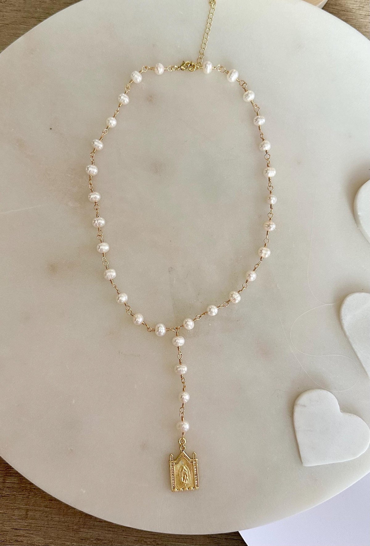 Freshwater Pearl Lariat Necklace • Virgen Mary Pendant Necklace • Hand Wire Wrapped Rosary Style Necklace • Religious Gift for Her