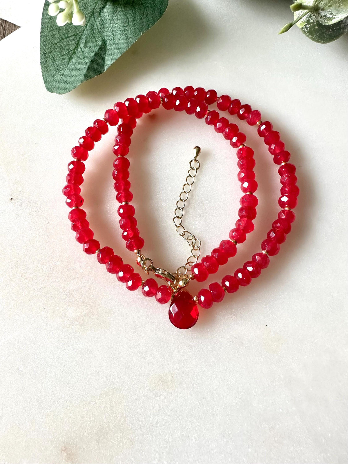 Red Jade Beaded Drop Necklace -Gift-Wedding-Bridesmaids