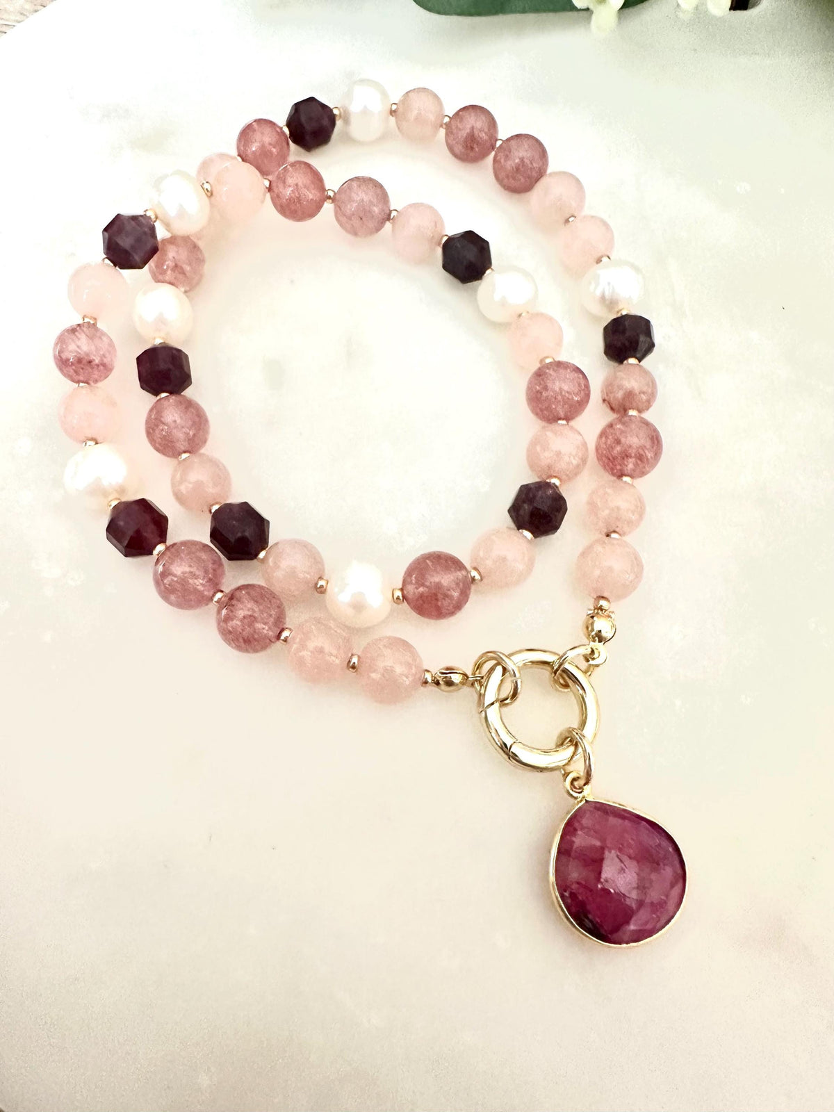 Garnet, Strawberry Quartz & Pearl Necklace – Ruby Drop Pendant