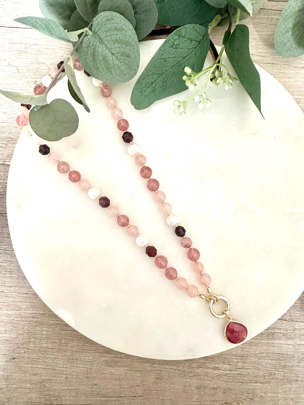 Garnet, Strawberry Quartz & Pearl Necklace – Ruby Drop Pendant