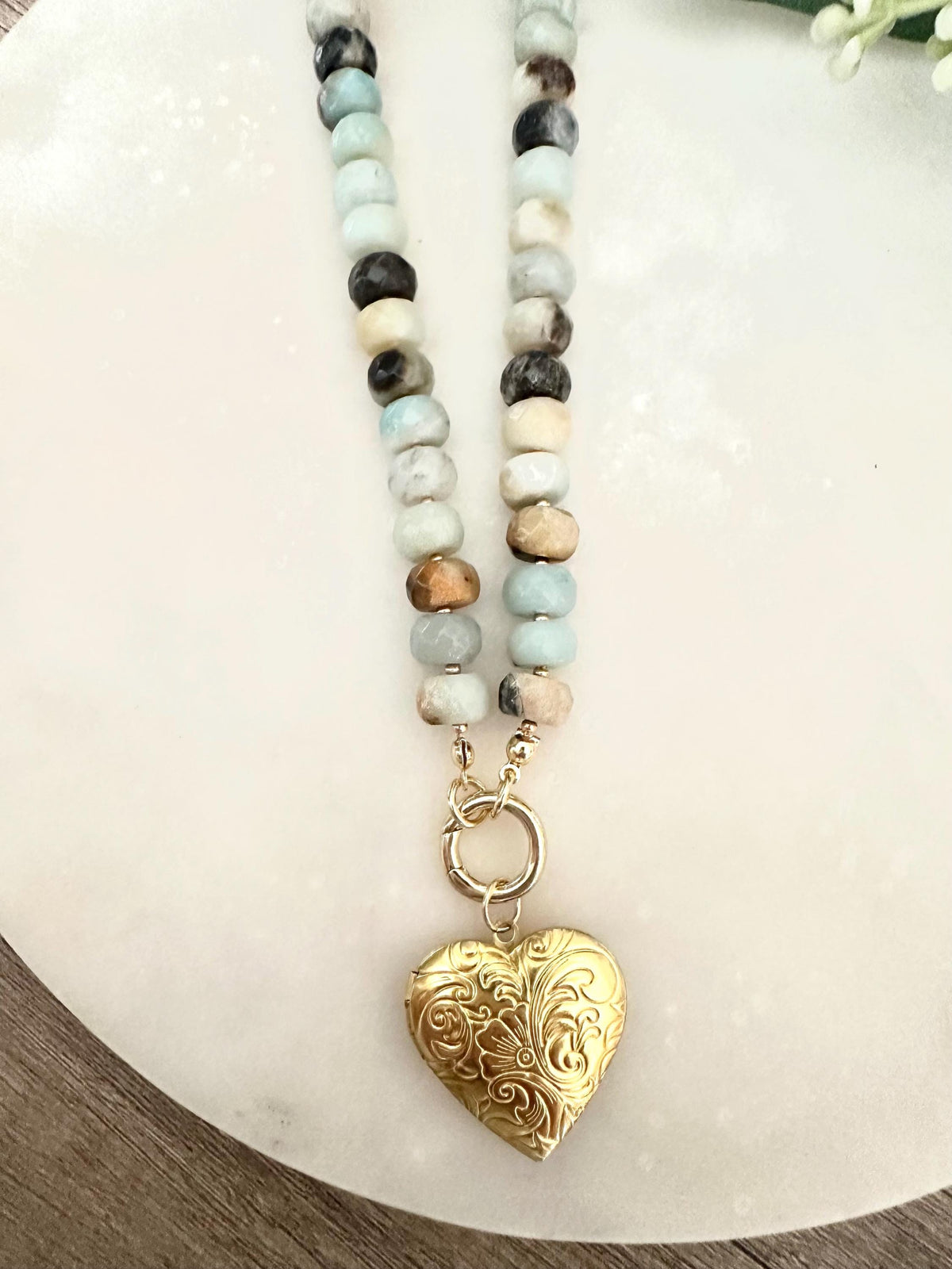 Amazonite Beaded Necklace with Gold Heart Locket – 18”