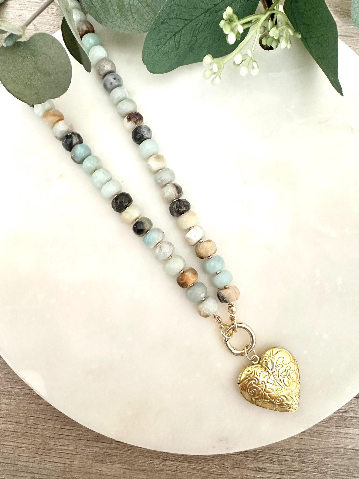 Amazonite Beaded Necklace with Gold Heart Locket – 18”