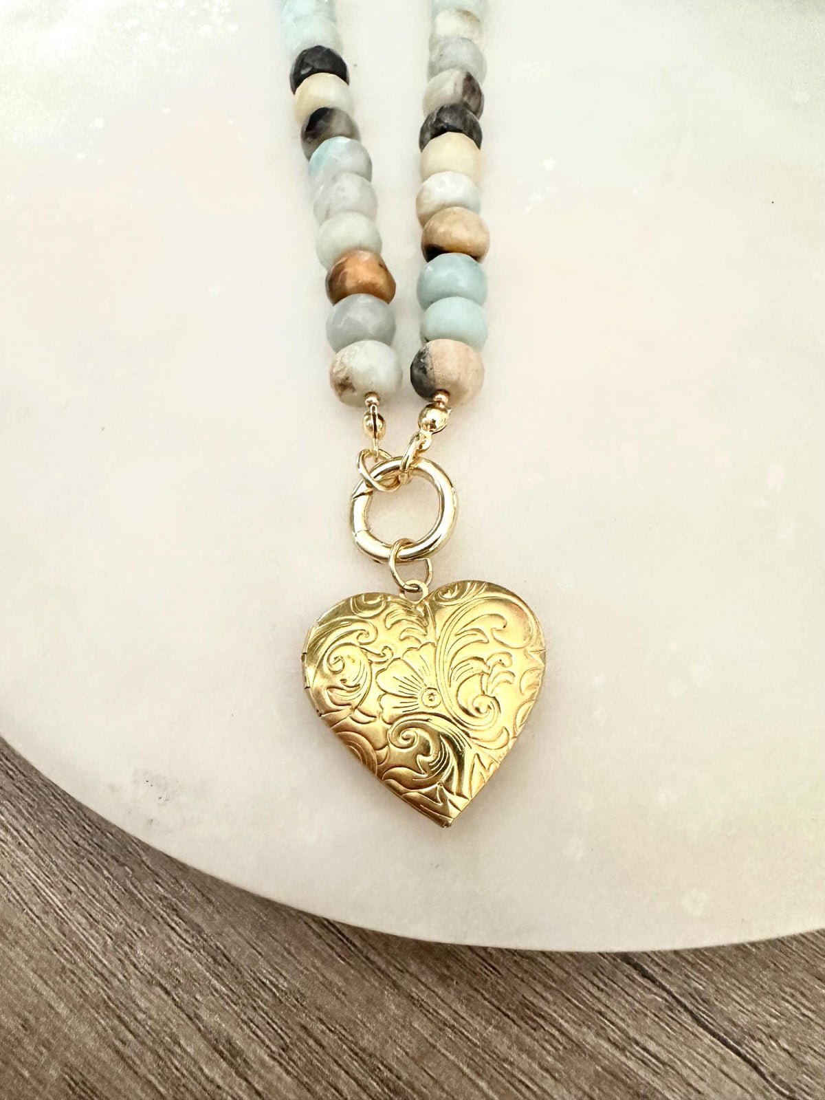 Amazonite Beaded Necklace with Gold Heart Locket – 18”