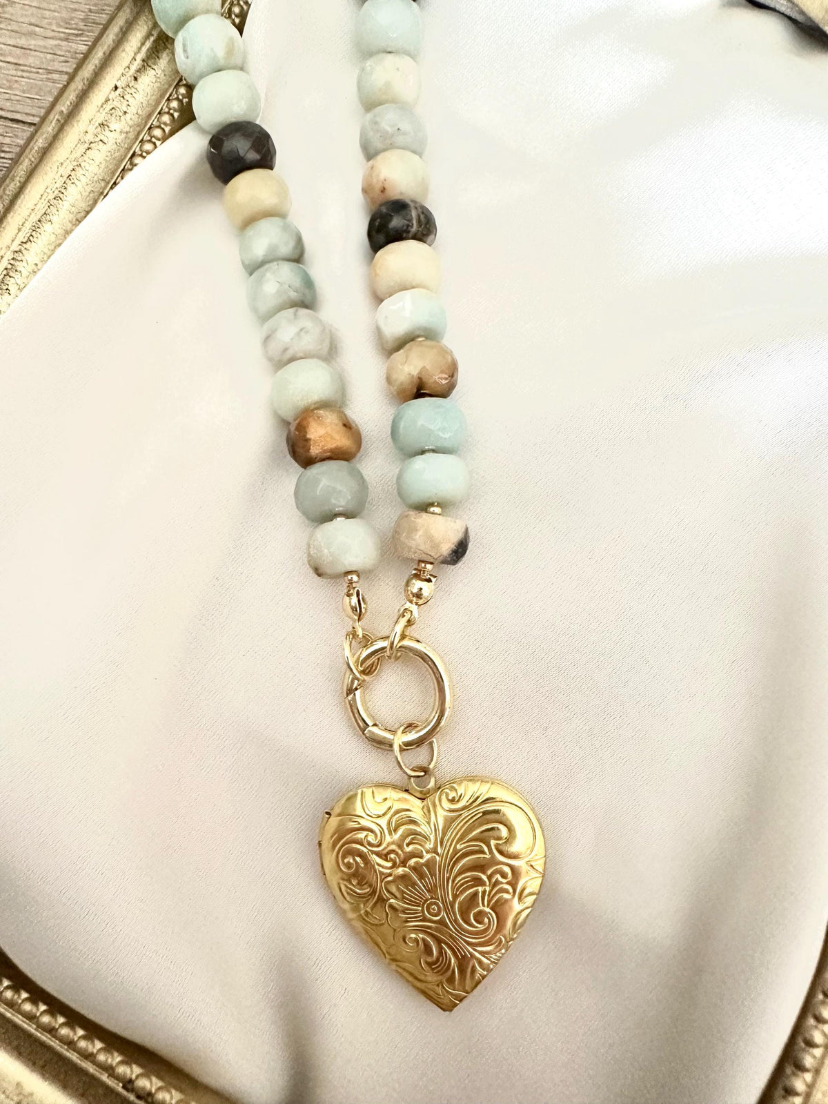 Amazonite Beaded Necklace with Gold Heart Locket – 18”