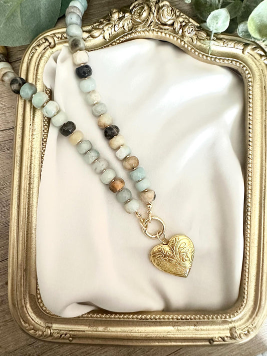 Amazonite Beaded Necklace with Gold Heart Locket – 18”