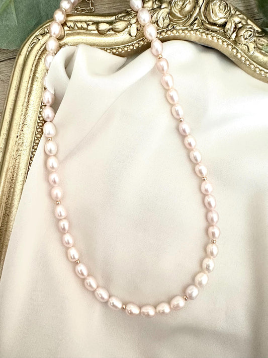 Classic Light Pink Pearl Necklace | 5x6mm Freshwater Pearls | Delicate Bridal Jewelry l Gift for her